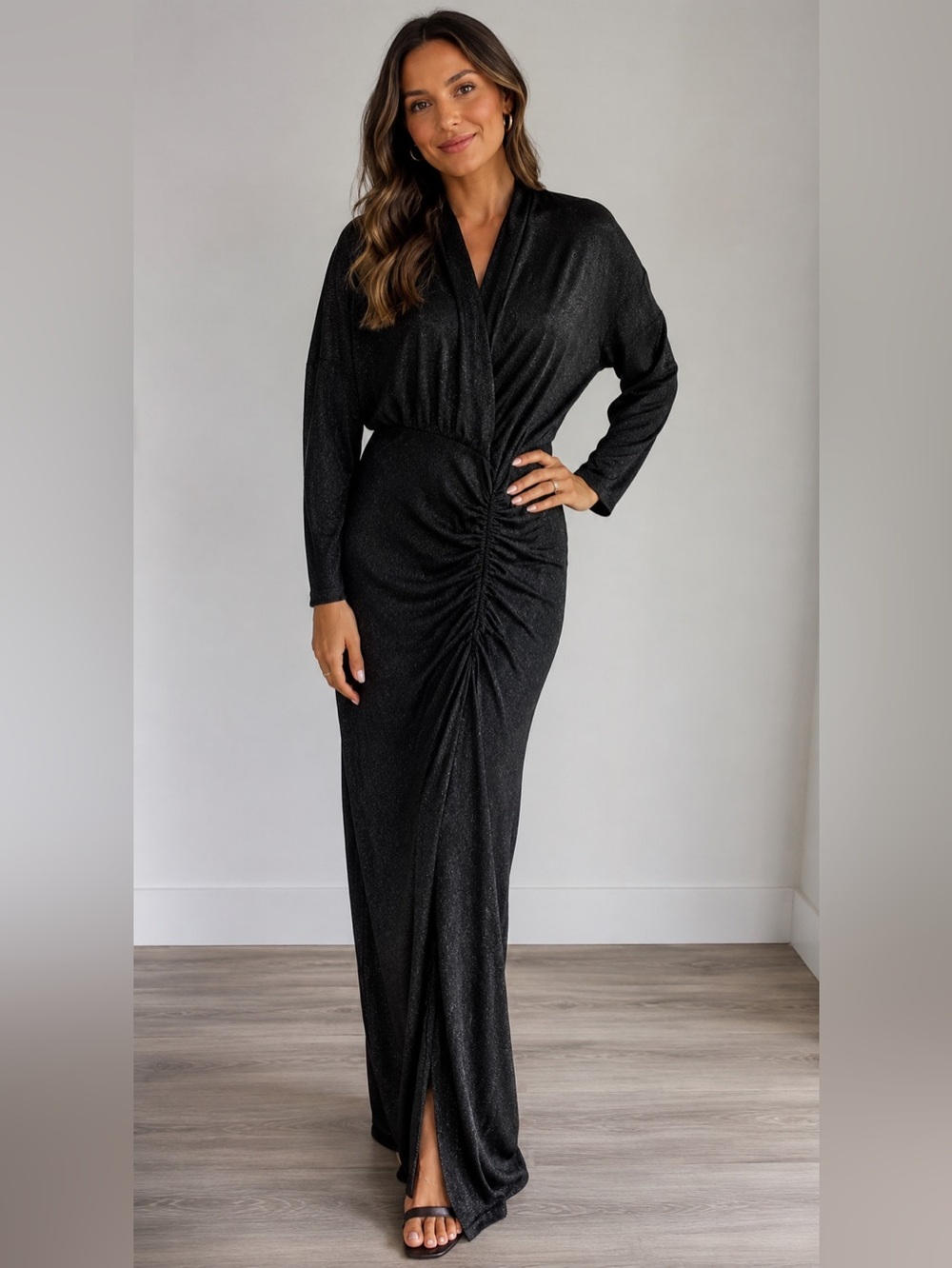 Line and Dot /Black Long-Sleeve Ruched V-Neck Knit Maxi Dress - Sz L